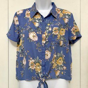 Pink Rose Blue Floral Short Sleeve Button Down Tie Front Blouse Size S